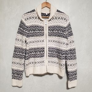 Gap Designed & Crafted White Black Gray Wool Blend Knit Full Zip Sweater